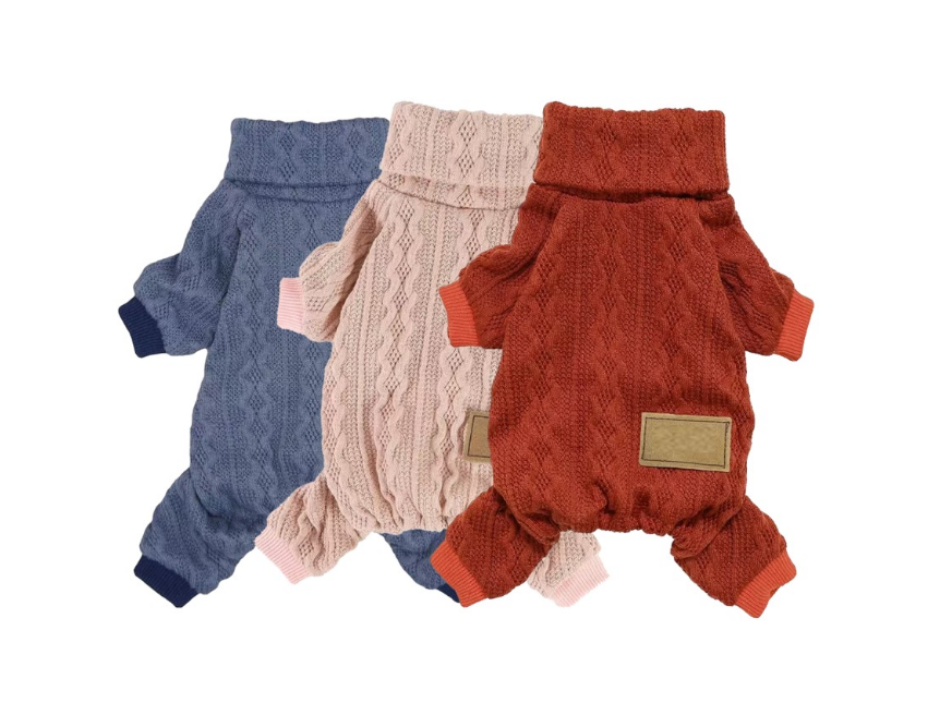 Soft cotton pet sweaters knitted by Springvine in playful patterns