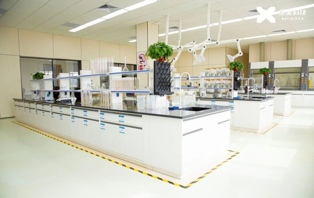 Technicians conducting clumping and moisture absorption tests on bentonite cat litter samples.