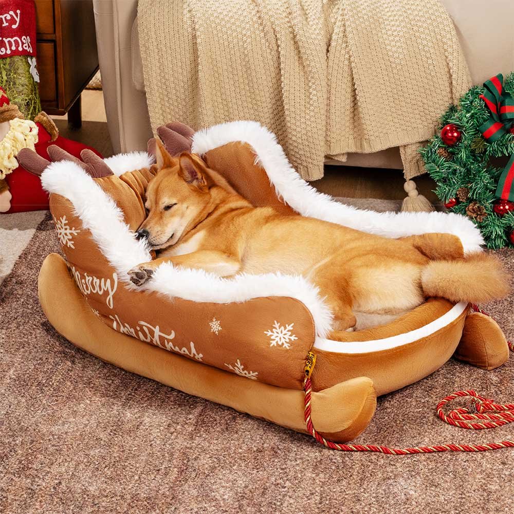 Christmas-themed dog bed in sleigh design featuring soft red fabric and decorative rope accents.