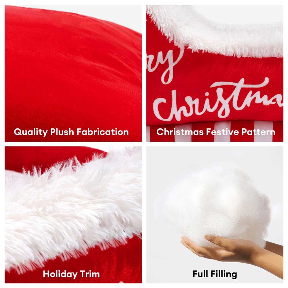 Christmas-themed dog bed in sleigh design featuring soft red fabric and decorative rope accents.