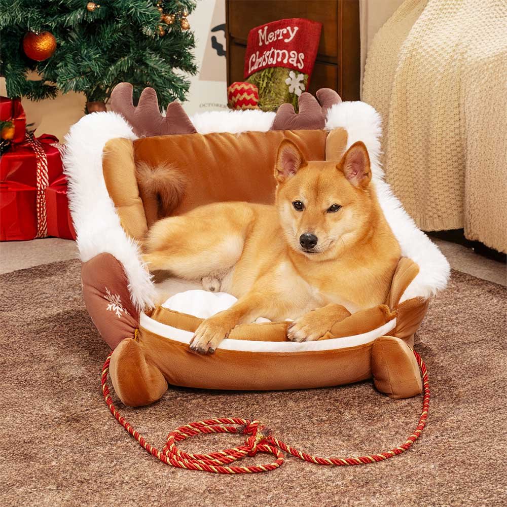 Christmas-themed dog bed in sleigh design featuring soft red fabric and decorative rope accents.