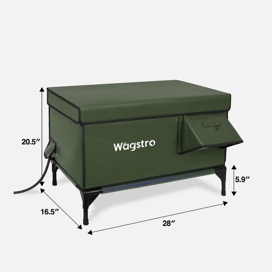 Wägstro All-Guard Heated Cat House dimension chart showing length, width, and height with labeled measurements in centimeters and inches.